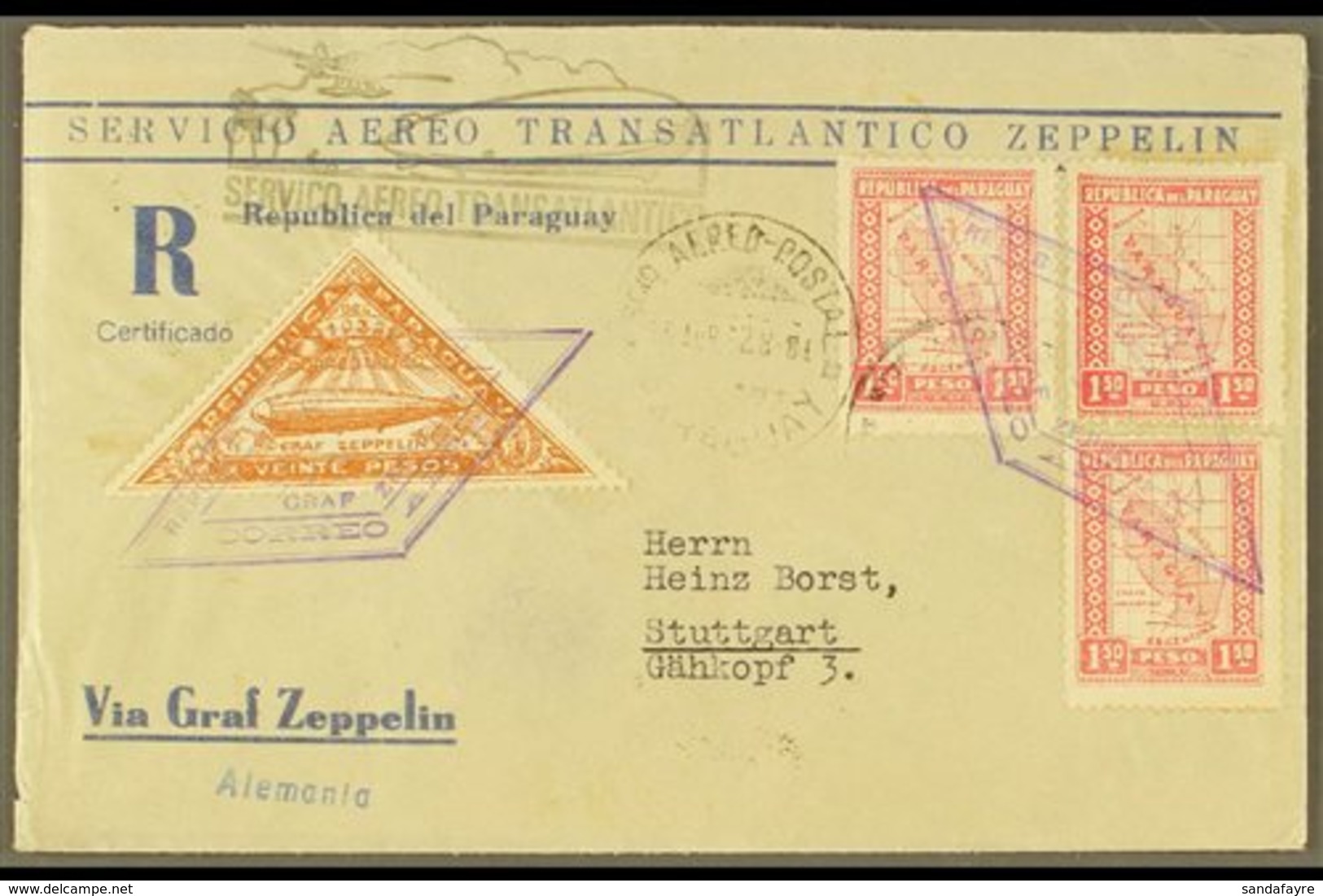 1928  Registered Zeppelin Stationery Cover To Germany Franked 1.50p Map (3), And 1932 20p Brown Zeppelin Adhesive Tied B - Paraguay