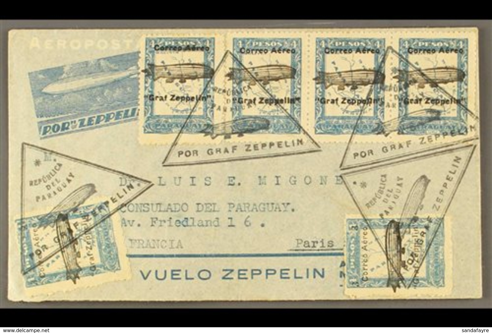 1931  Illustrated Zeppelin Stationery Air Letter To France Franked 3c On 4c Zeppelin Ovpt (2) And 4c Zeppelin Ovpt Stamp - Paraguay