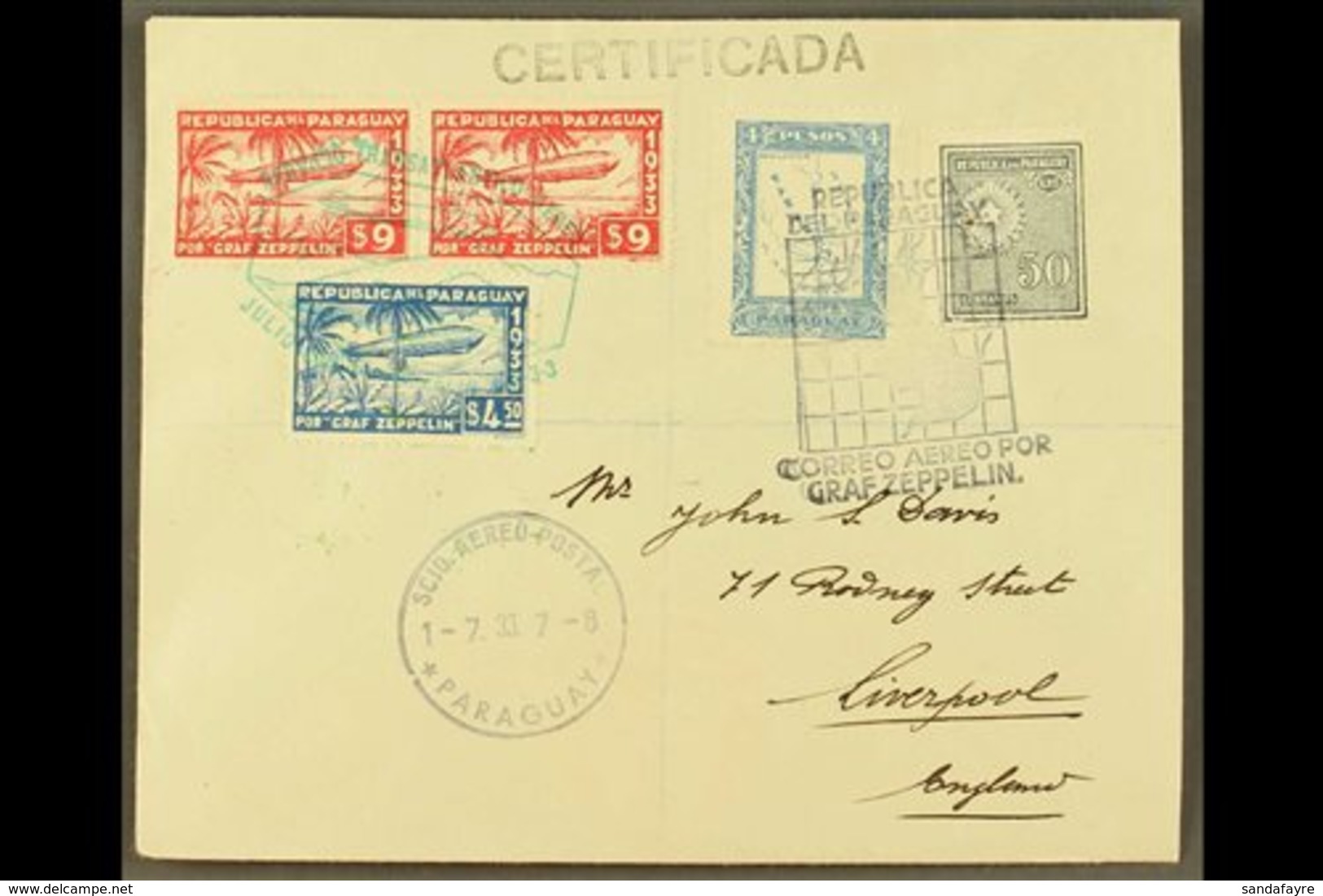 1933  Registered Cover To England Franked Paraguay Postage 4p And 50c Cancelled Map Type Graf Zeppelin Cancel With $4.50 - Paraguay