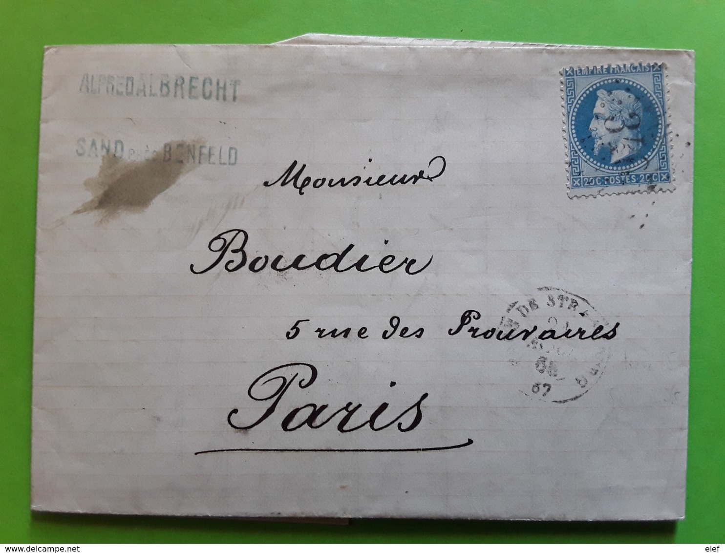 Lettre, SAND Près BENFELD, Bas Rhin GC 3465 + Cachet GARE DE STRASBOURG / Empire Lauré No 29, 21 Avril 1868 > Paris TB - 1849-1876: Classic Period