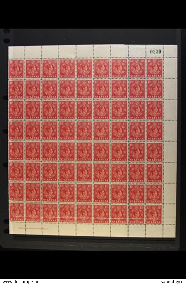 1943  1½d Scarlet, Perf 12½, SG 130a, Very Fine Never Hinged Mint COMPLETE SHEET Of 120 With Full Margins All Round And  - St.Lucia (...-1978)