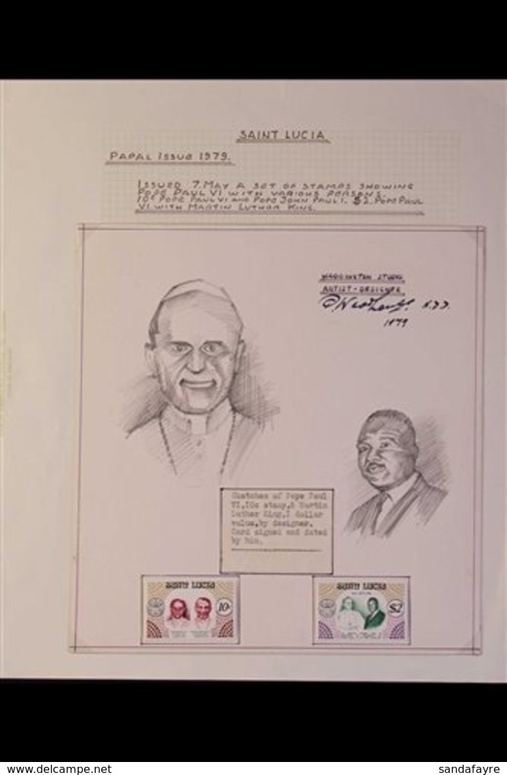 1979 DESIGN ARTWORK  Group Of 4 Pages, Each Containing Pencil Sketches Of The Figures Found On The 1979 Pope Paul VI Com - St.Lucia (...-1978)