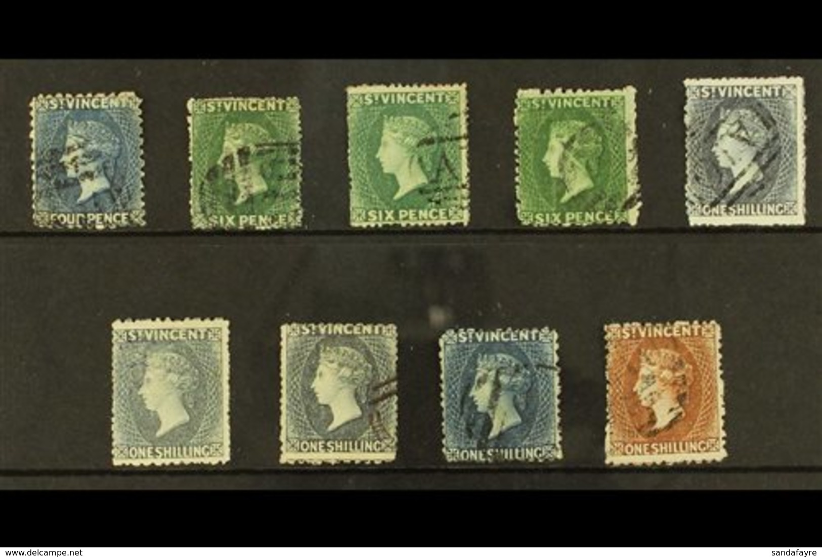 1862-69  Used Range, Includes 1862-68 4d Deep Blue, 6d Deep Greens (3), 1s Greys (3), 1969 1s Indigo & 1s Brown, Couple  - St.Vincent (...-1979)