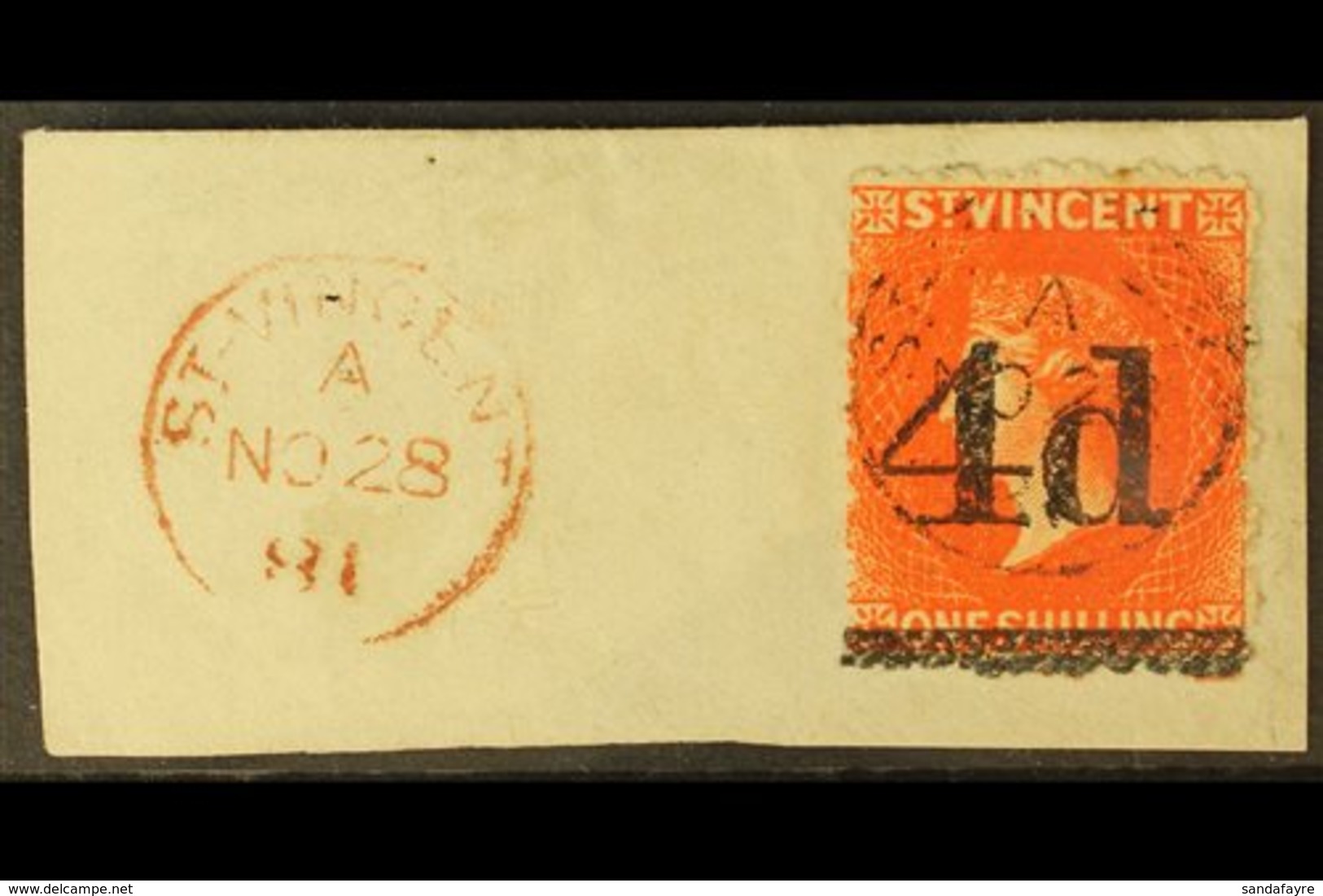 1881  4d On 1s Bright Vermilion, SG 35, Very Fine Used On Piece Cancelled By Superb DATE OF ISSUE 28 Nov 1881 Cds With A - St.Vincent (...-1979)
