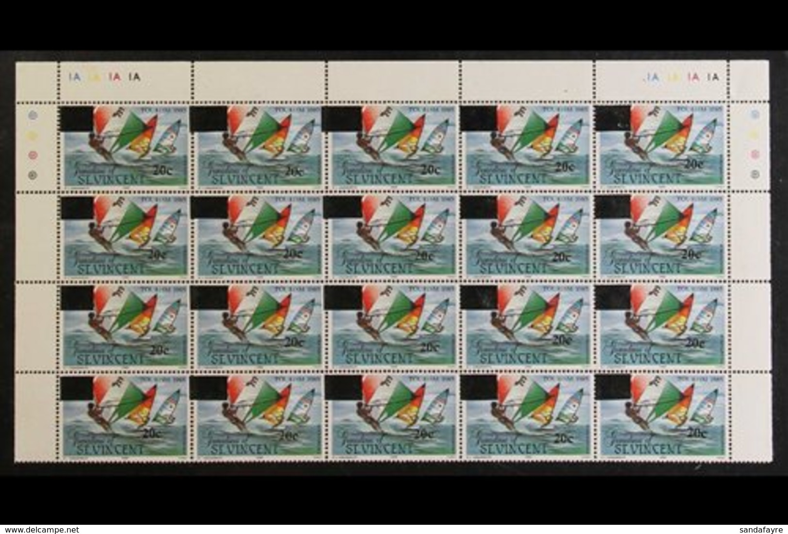 1993-2004  20c On 35c Surcharge On St Vincent Grenadines, SG V2066, Never Hinged Mint Marginal BLOCK Of 20 (four Top Row - St.Vincent (...-1979)