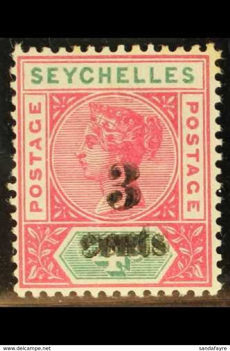 1893  3c On 4c Carmine And Green, Surcharge Double, SG 15b, Mint With Some Toning, Royal Certificate. For More Images, P - Seychelles (...-1976)