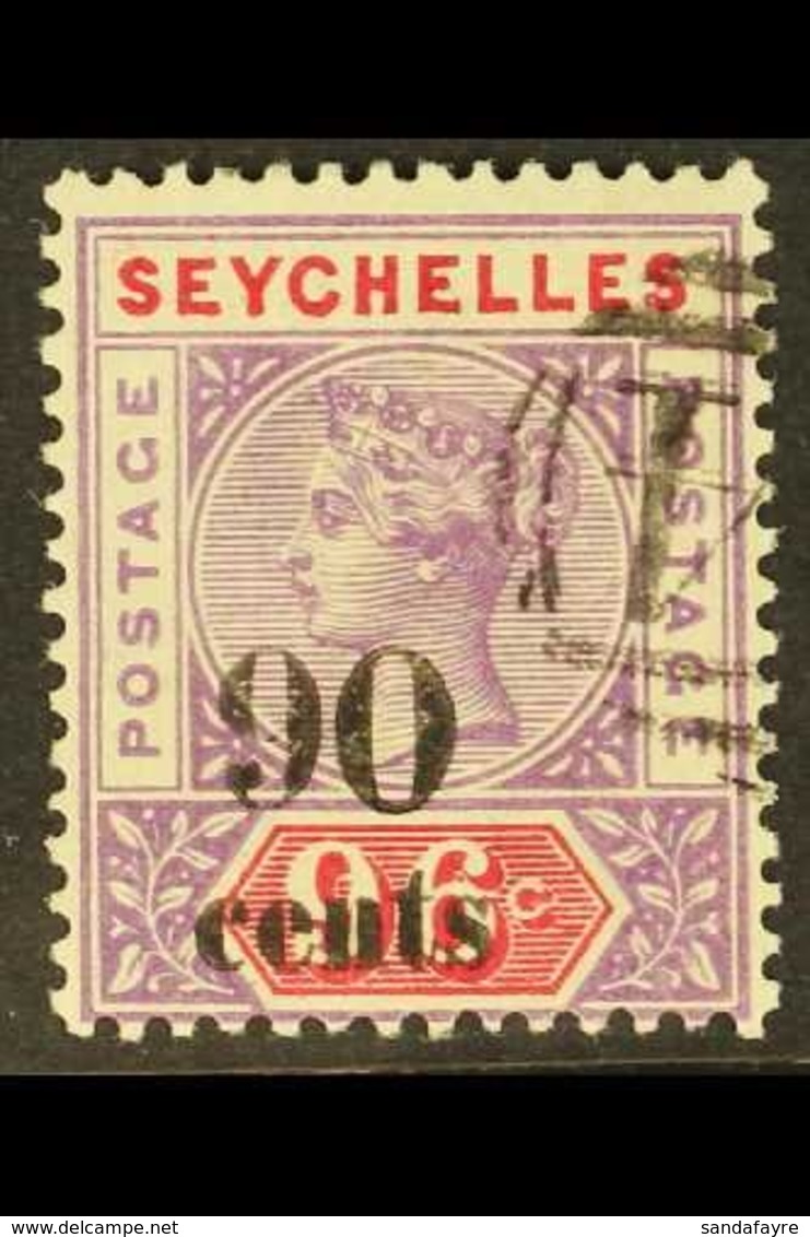 1893  90c. On 96c Mauve And Carmine, Wide "O" (3½ Mm Spacing), SG 21a, Fine Used, A Very Scarce Variety. For More Images - Seychelles (...-1976)
