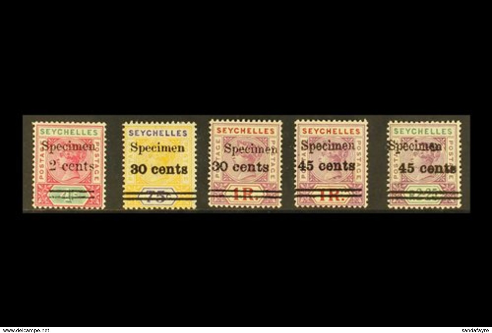 1902  Surcharges Set Overprinted "SPECIMEN", SG 41/45s, Fine Mint. (5 Stamps) For More Images, Please Visit Http://www.s - Seychelles (...-1976)