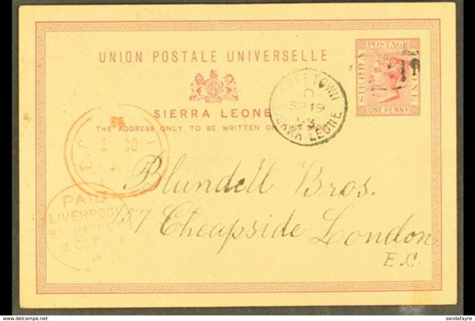 1893  (Sept) 1d Stationery Card To London, Cancelled B31 With Freetown Cds Alongside, Liverpool Br. Packet Red Cds At Le - Sierra Leone (...-1960)