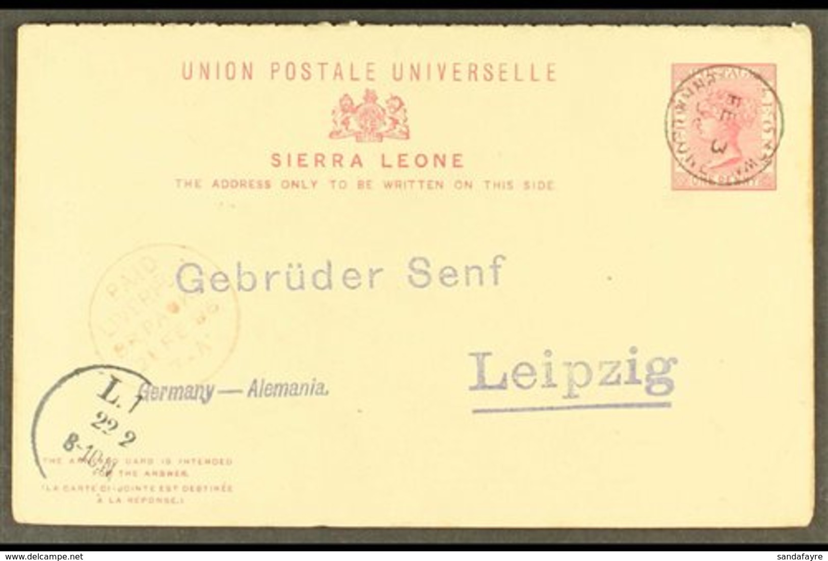 1896  (Feb) 1d + 1d Reply Card To Senf In Germany, Tied Freetown Cds, Red Liverpool Br. Packet Cds And Arrival Mark At L - Sierra Leone (...-1960)