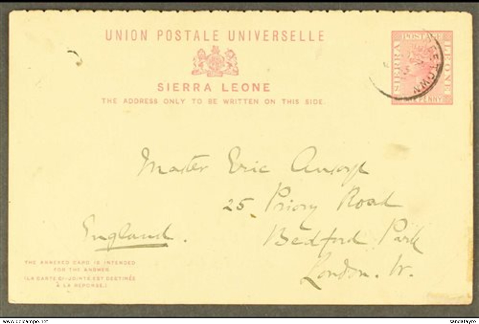 1899  (Oct) 1d Reply Card Top Portion Headed "On Board The Batanga", Posted Freetown To London. For More Images, Please  - Sierra Leone (...-1960)