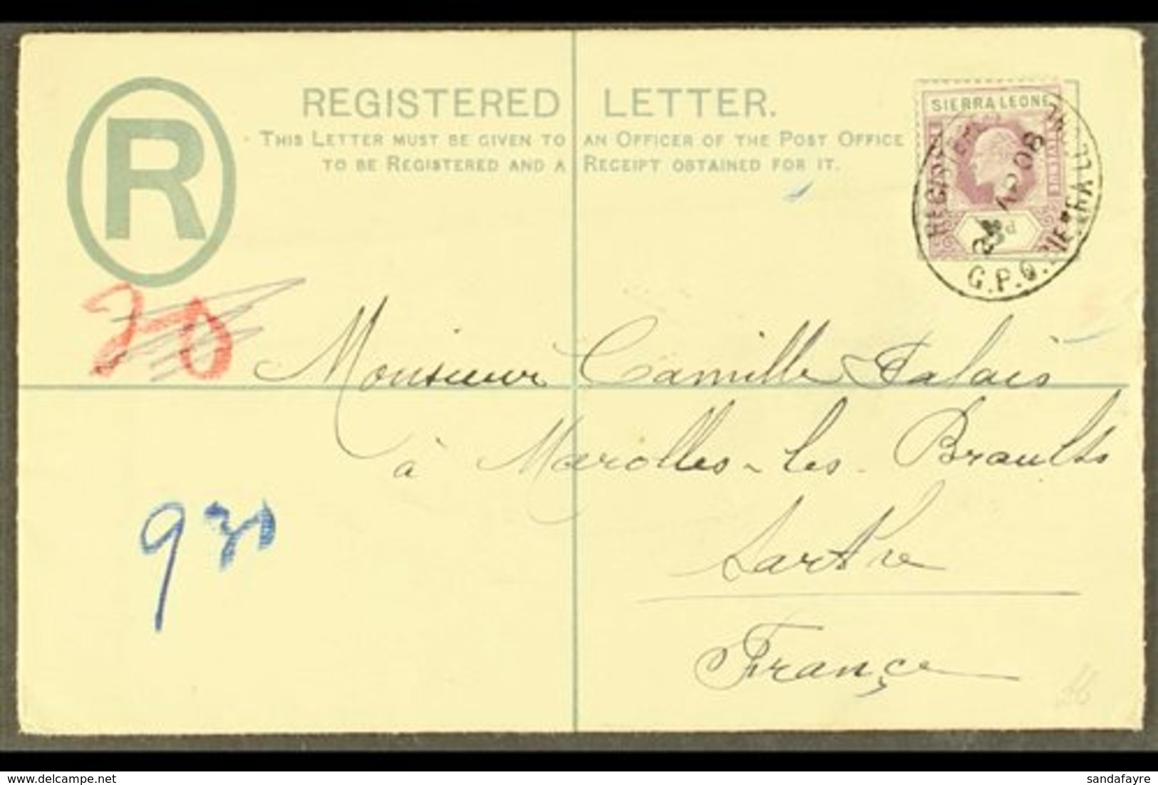 1908  (April) KE7 2d Registered Envelope  To France, Bearing Additional 3d (SG 91) Tied Oval "REGISTERED G.P.O. SIERRA L - Sierra Leone (...-1960)