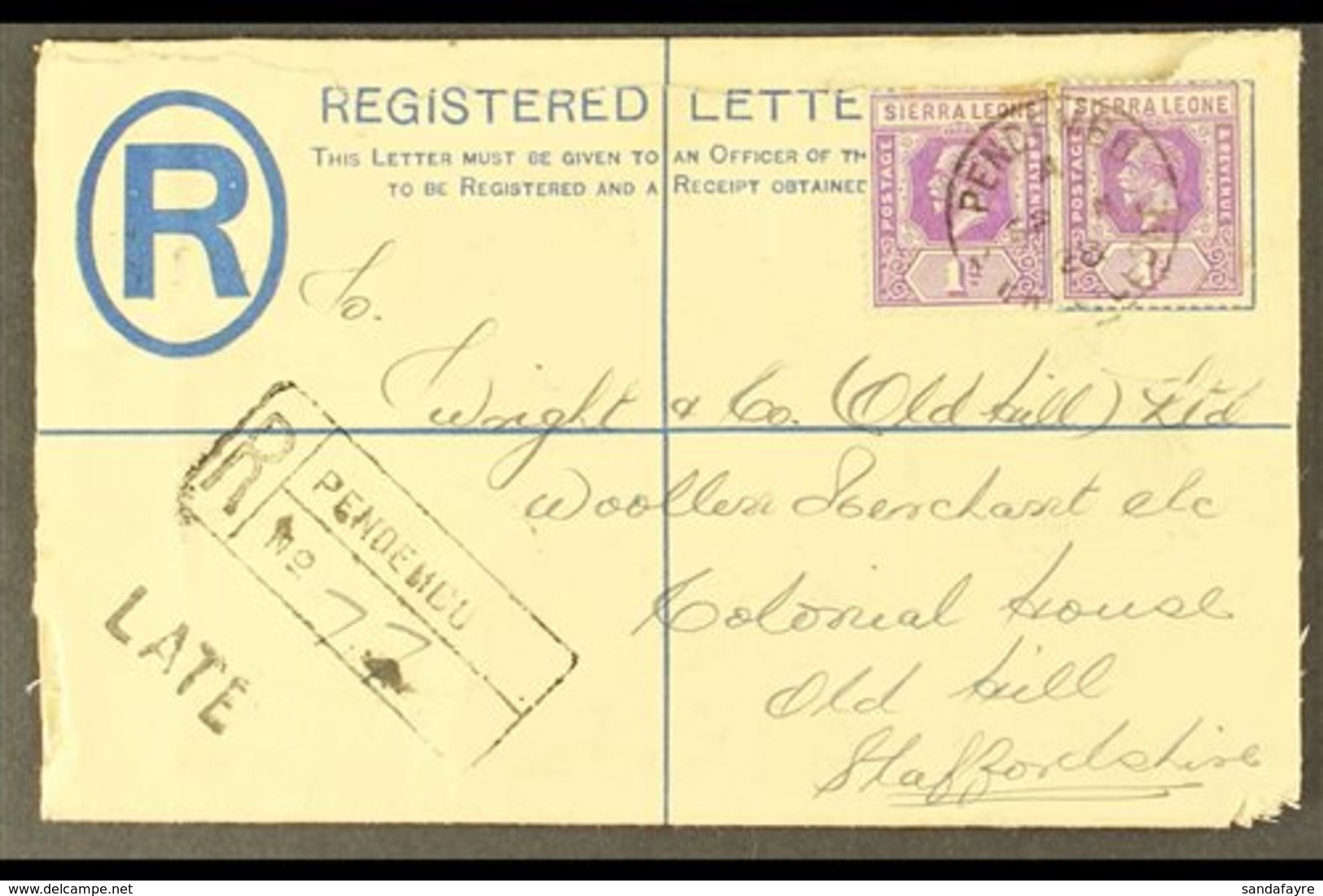 1928  (Sept) 3d Registered Envelope (opened Out For Display) With 1d Pair, Pendembu To England, And Showing Scarce "LATE - Sierra Leone (...-1960)