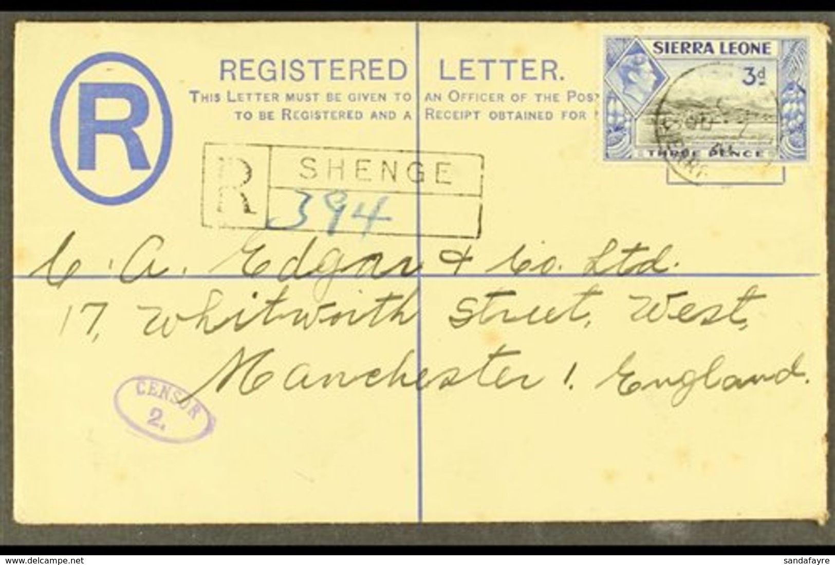 1941  (June) KGVI 3d. Registered Envelope Bearing Additional 3d, Shenge To England, Showing Oval Violet "CENSOR 2.", Nea - Sierra Leone (...-1960)