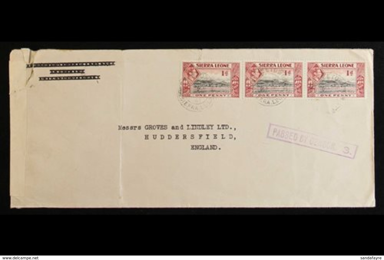 1941  (March) Envelope To England, Bearing 1d X3 Tied Freetown Cds's, Violet Boxed "PASSED BY CENSOR. 3.", Censor Re-sea - Sierra Leone (...-1960)