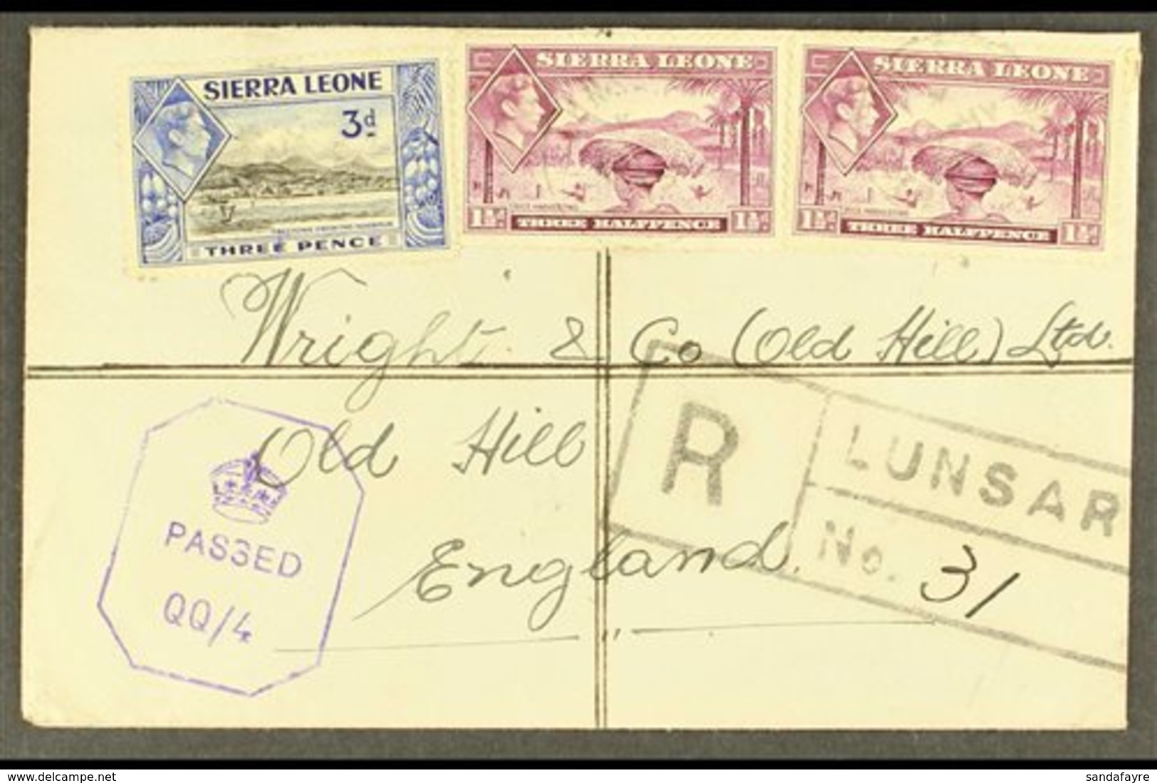1945  (May) Envelope Registered From Lunsar To England, Bearing 1½d X2 And 3d Tied Cds's, Lunsar Boxed Registration Mark - Sierra Leone (...-1960)