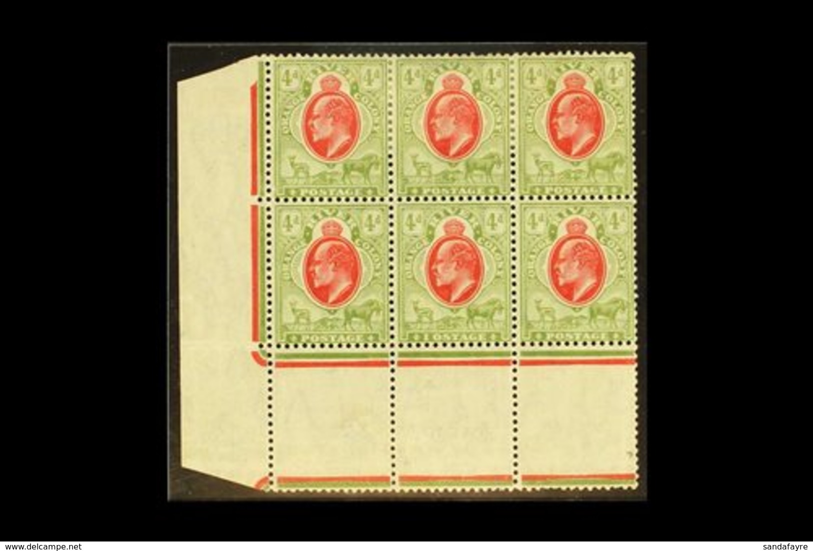 ORANGE RIVER COLONY  1905-09 4d Scarlet & Sage-green, Wmk Mult Crown CA, "IOSTAGE" FLAW In Corner Marginal Block Of 6, S - Unclassified