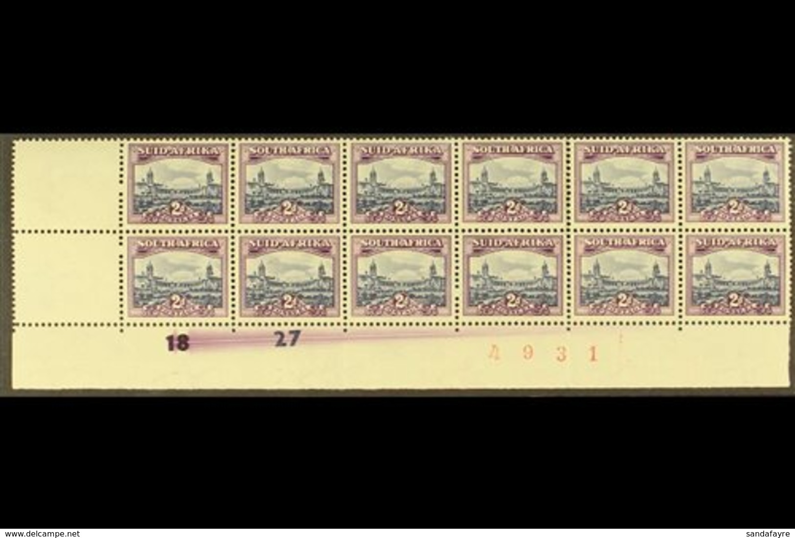 1950-1  2d Blue & Violet, Cylinder & Sheet Number Block Of 12 With INK DRAG In Margin, SG 134, Perfs Split Vertically Af - Unclassified