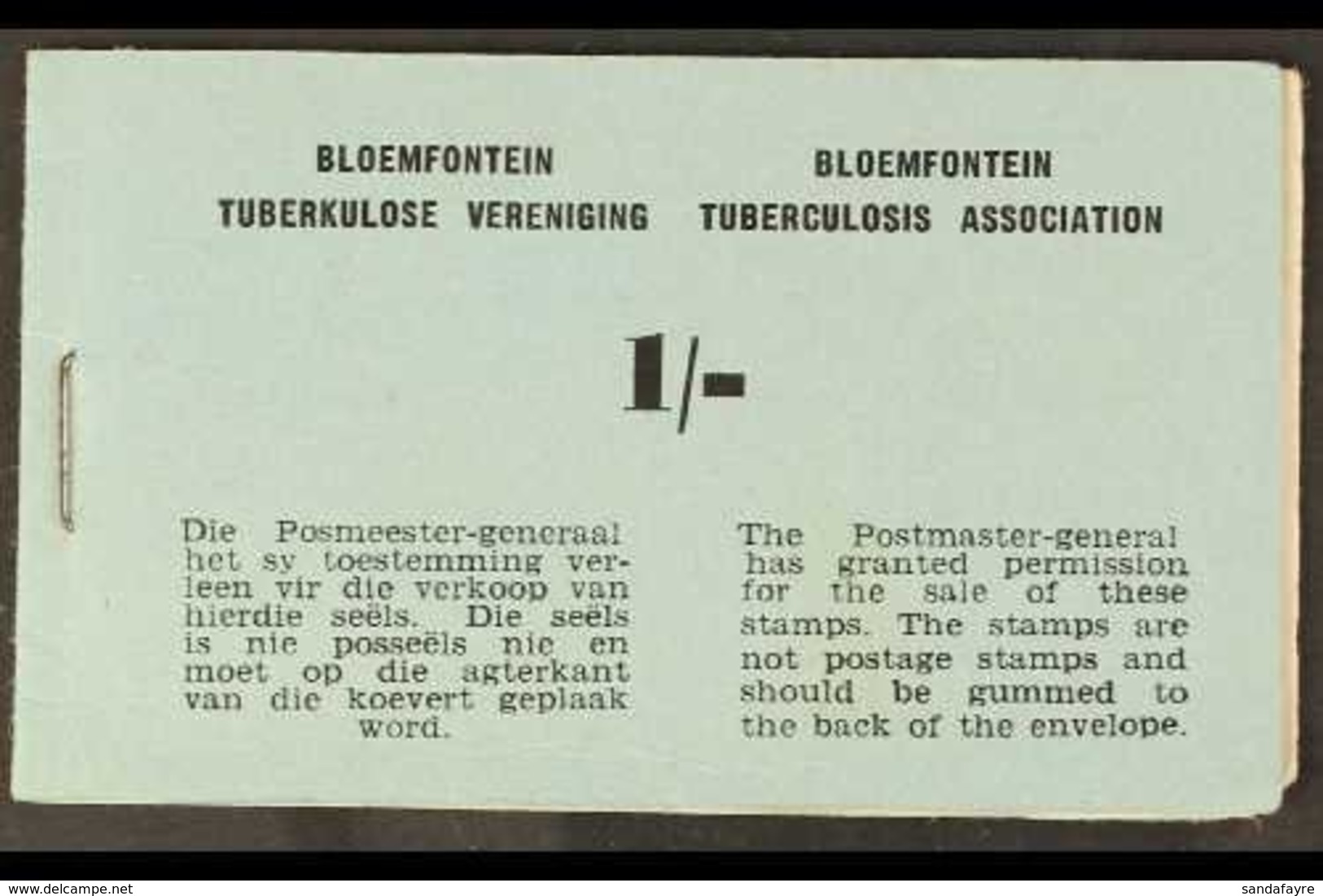 BLOEMFONTEIN TUBERCULOSIS ASSOCIATION  1s COMPLETE BOOKLET With Grey-blue Cover, Contains Two Panes Of Six Rouletted Lab - Ohne Zuordnung