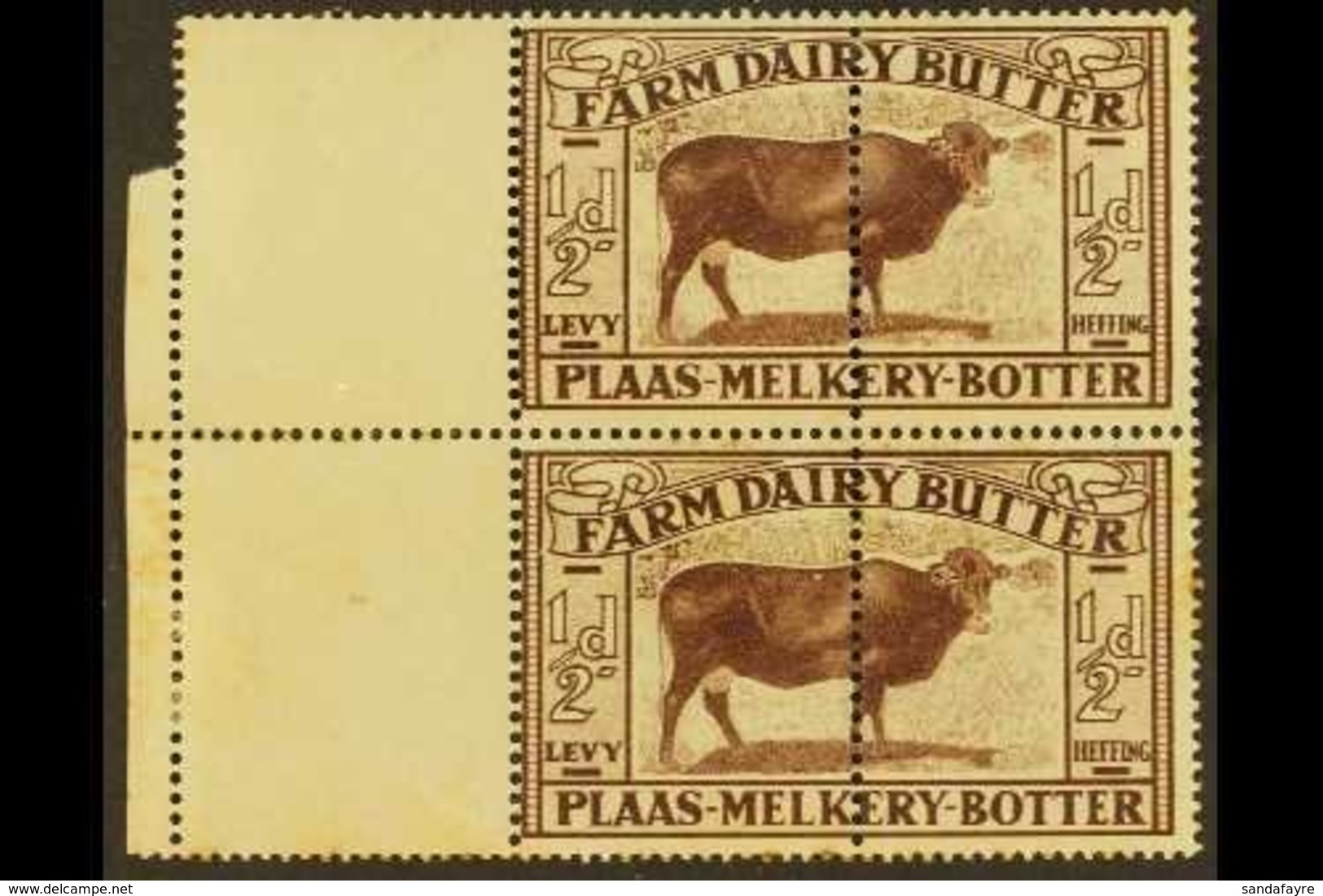 FARM DAIRY LEVY REVENUE STAMPS  1930 ½d Brown Cow, Unmounted Mint Vertical Pair Of Complete Stamps, Margins At Left, Som - Unclassified