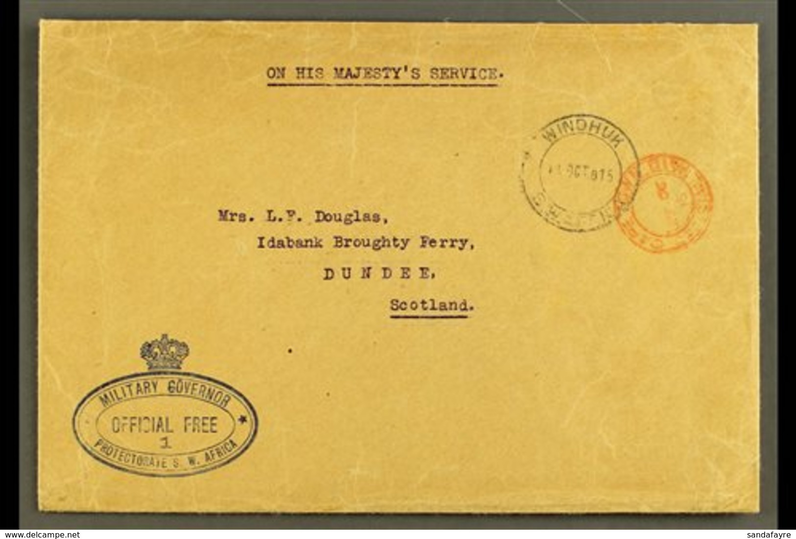 1915  (11 Oct) Stampless OHMS Cover To Scotland, Bearing "Windhuk" & Red "Cape Town Official Paid" Cds's And Superb Blue - Südwestafrika (1923-1990)