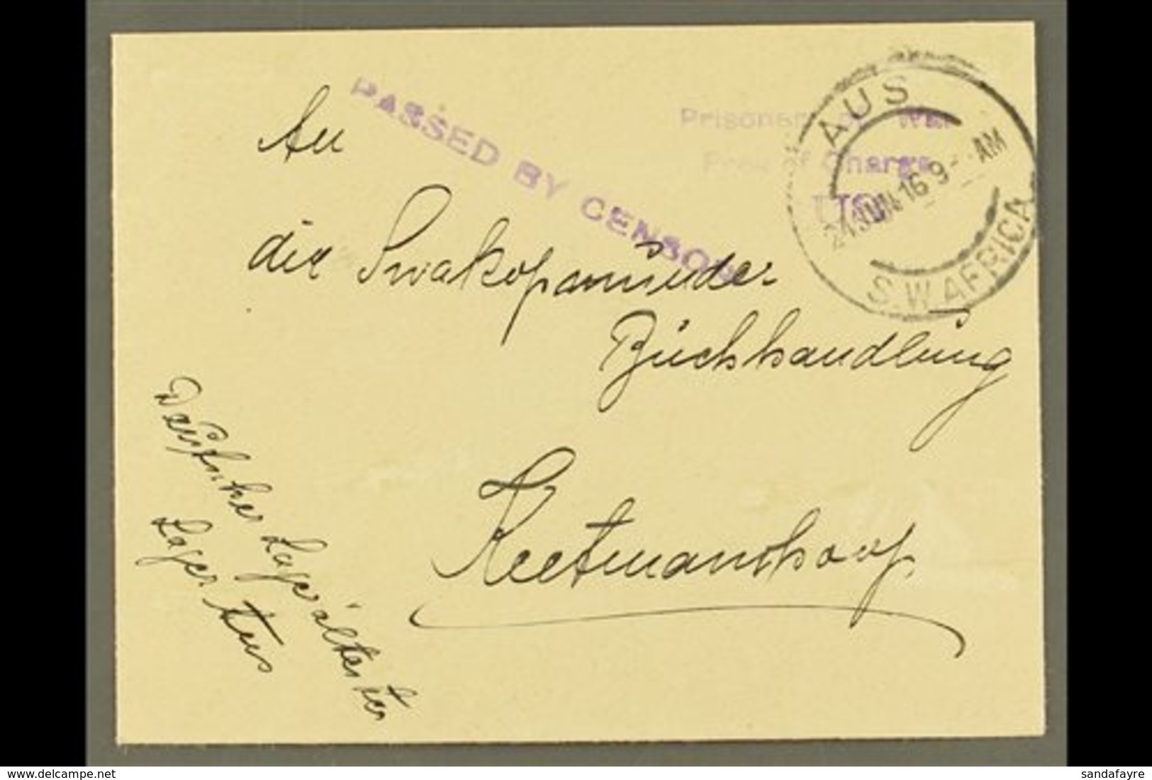 1916  (24 Jun) Stampless Env To Keetmanshoop With "Prisoner Of War / Free Of Charge / AUS" Three Line Violet Cachet And  - Südwestafrika (1923-1990)