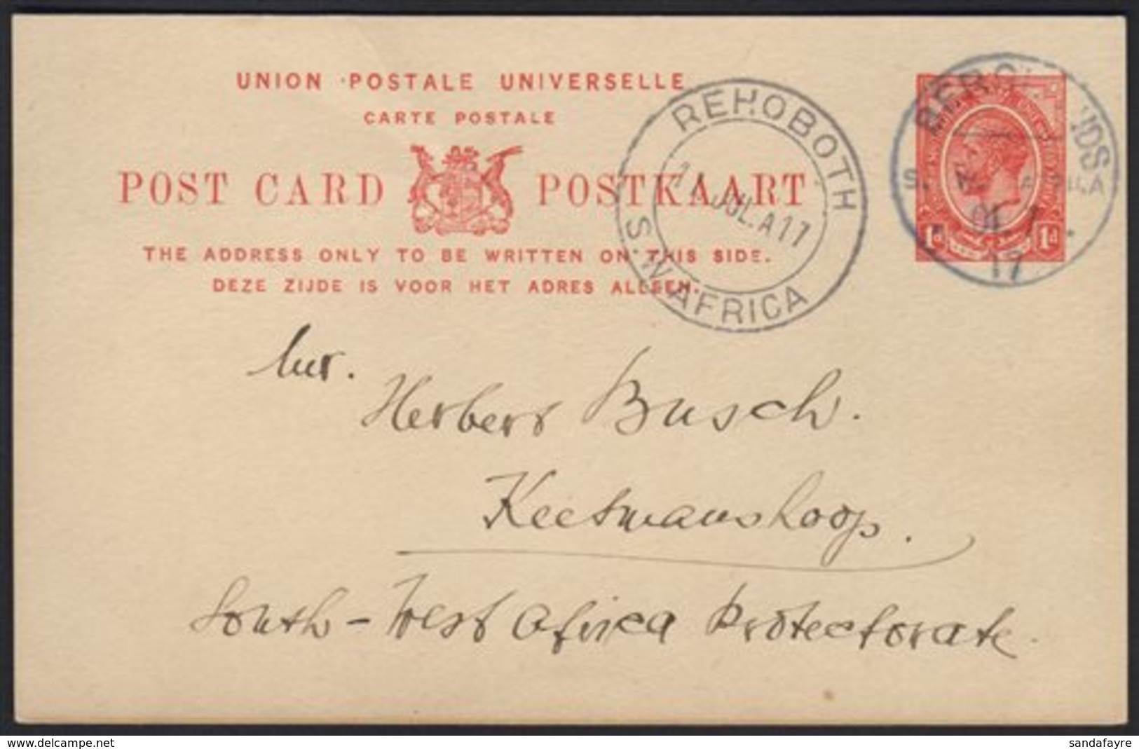 1917  (10 Jul) 1d Union Postal Card To Keetmanshoop With Fine "BERGLANDS" Cds Postmark, Putzel Type B1 Oc (showing "01.7 - Südwestafrika (1923-1990)