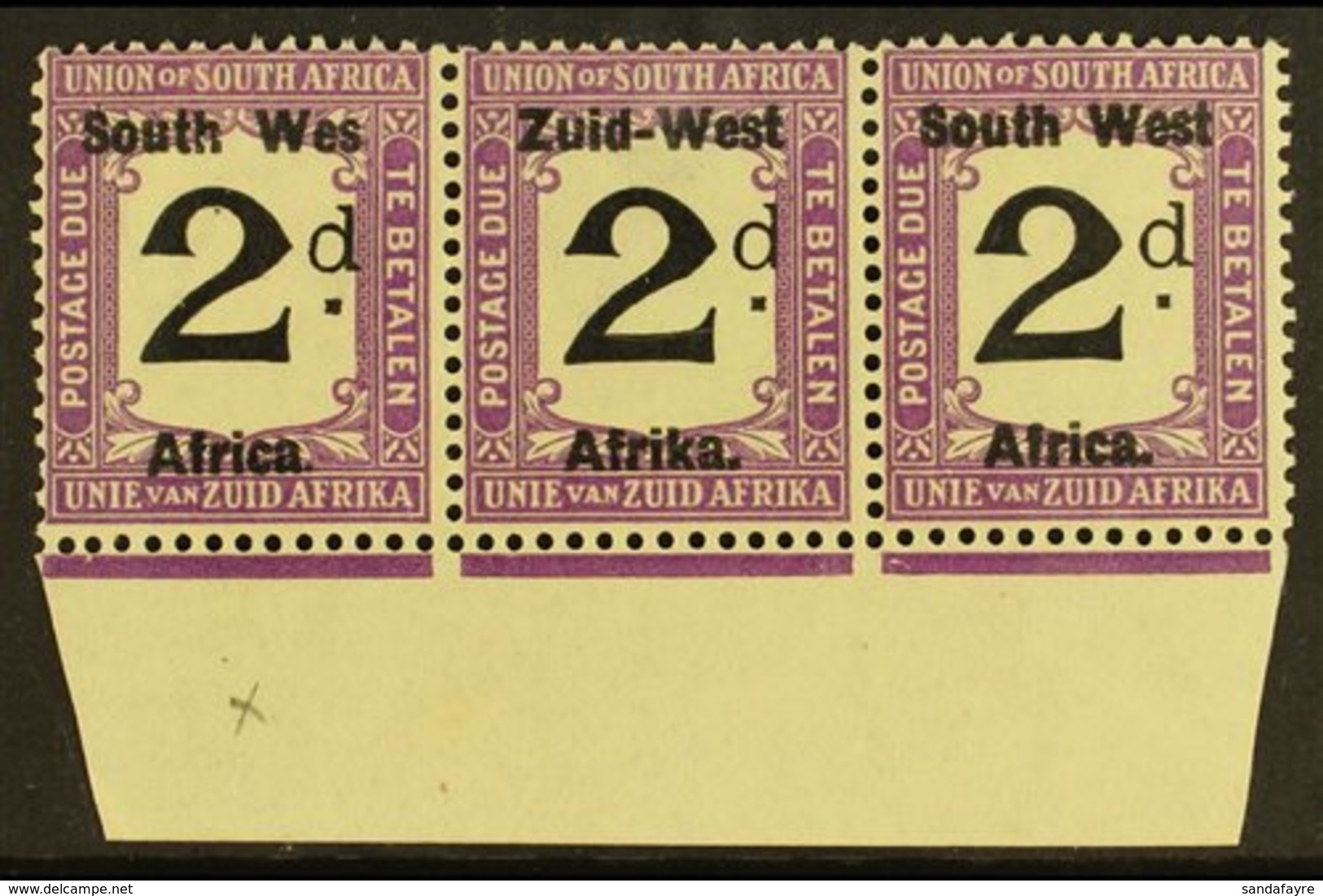 POSTAGE DUES  1923 2d Black And Violet, Marginal Strip Of 3, One Showing Variety "Wes For West", SG D3a, Very Fine NHM.  - South West Africa (1923-1990)