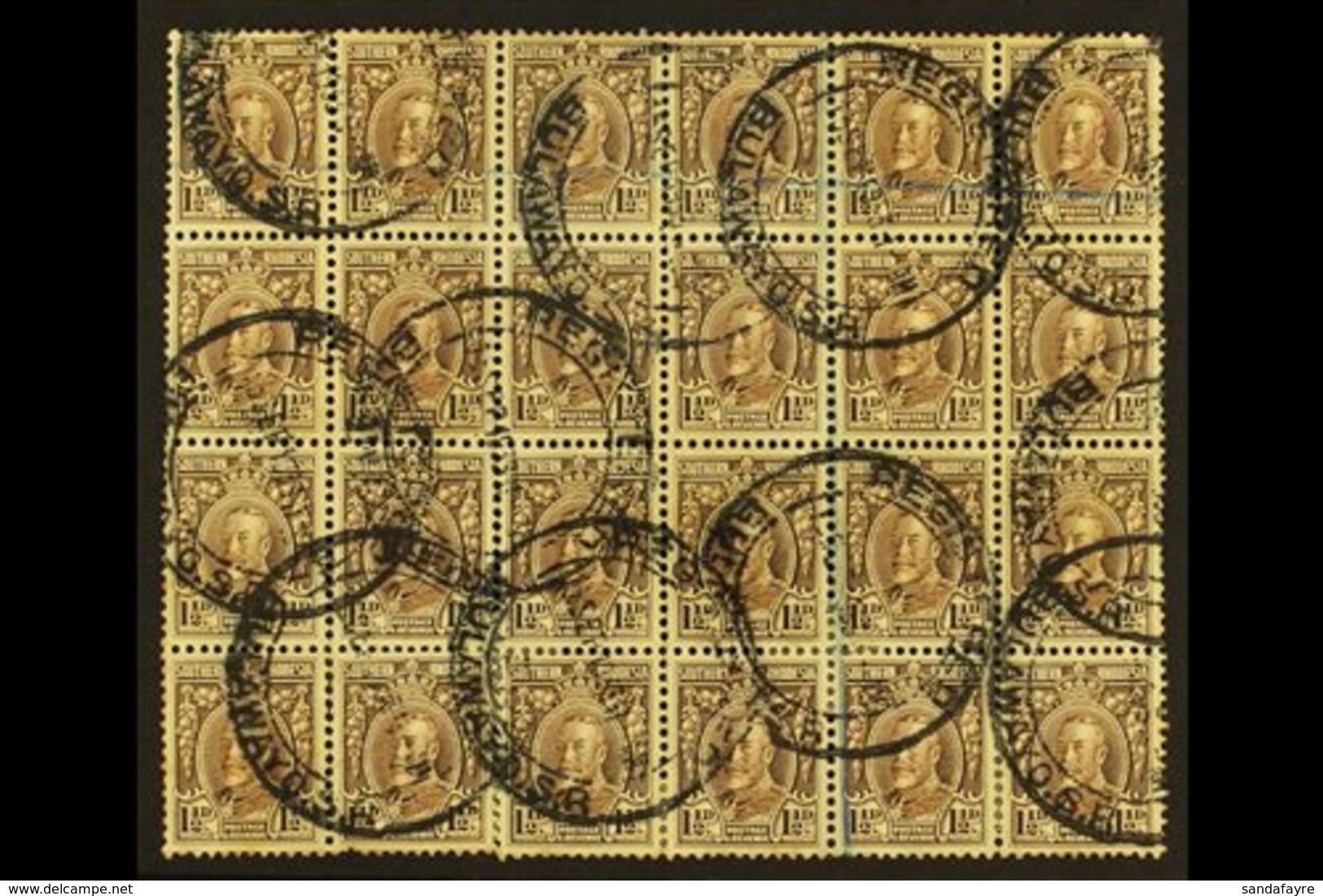 1931-7  1½d Chocolate, Perf.11½, Block Of 24, SG 16d, Genuinely Used With 1933 "REGISTRATION / BULAWAYO S.R." Cancels An - Südrhodesien (...-1964)