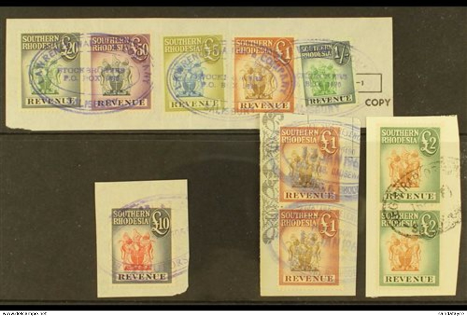 REVENUES  1954 Small Group Incl. £5, £10, £20 & £50 Used On Piece, Barefoot 38/43, Fine Used. For More Images, Please Vi - Rhodésie Du Sud (...-1964)