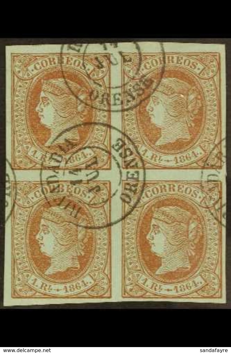 1864  1r Brown On Green, SG 79 (Edifil 67), Superb Used BLOCK OF FOUR With 4 Large Margins & Choice Cds Cancellations. A - Other & Unclassified