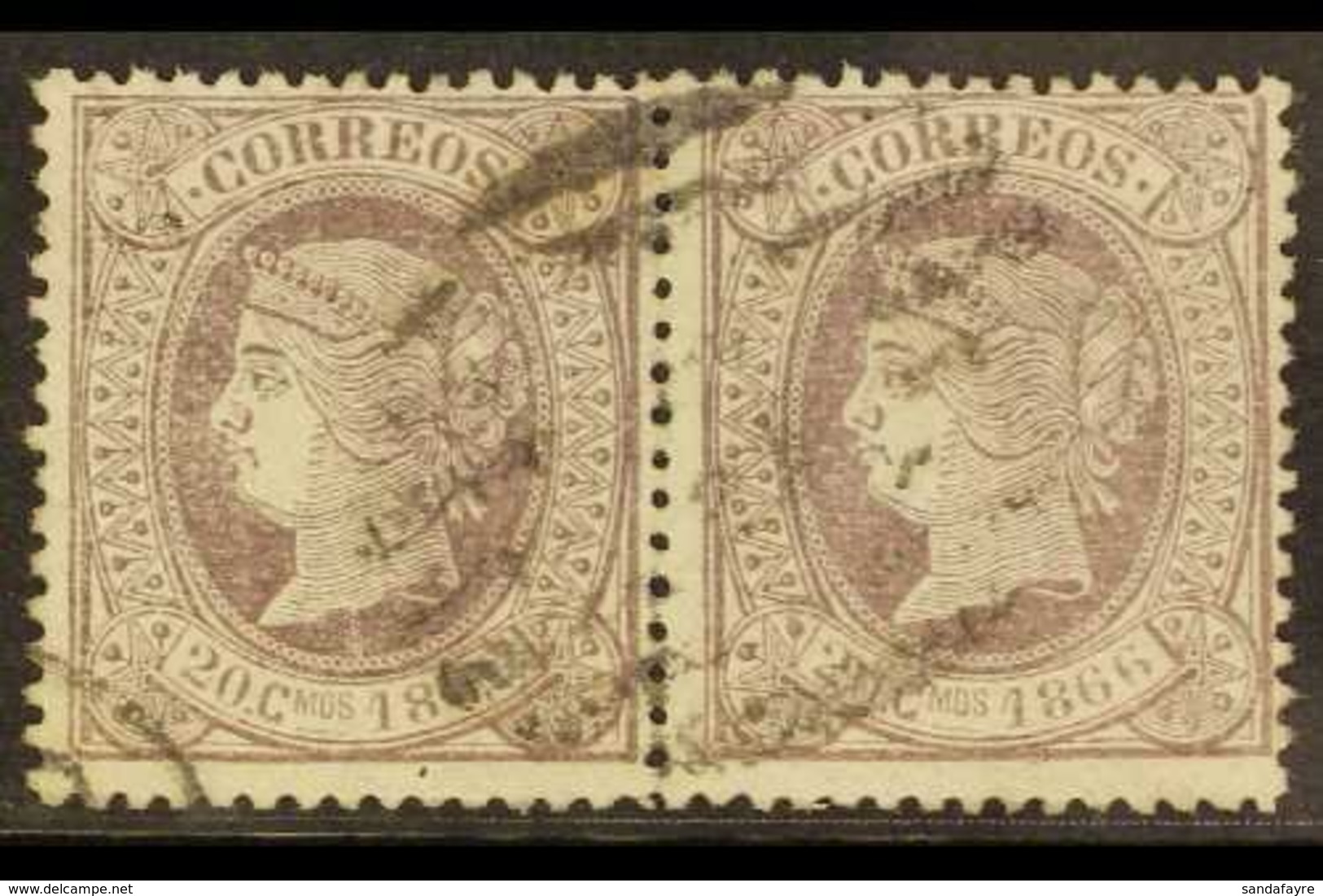 1866  20c De E. Lilac Perf 14, SG 98 (Edifil 86), Very Fine Used PAIR. A Scarce Multiple. For More Images, Please Visit  - Sonstige & Ohne Zuordnung