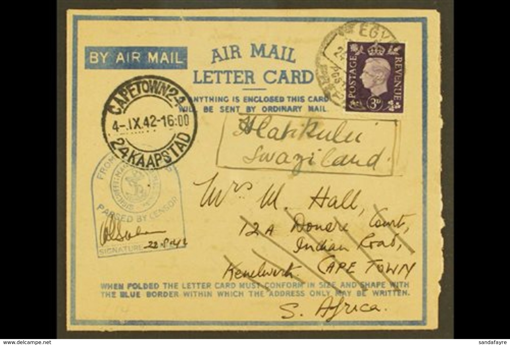 1942  Incoming Censored Air Mail Letter Card From Allied Forces In Egypt, Originally Addressed To Cape Town And Redirect - Swasiland (...-1967)