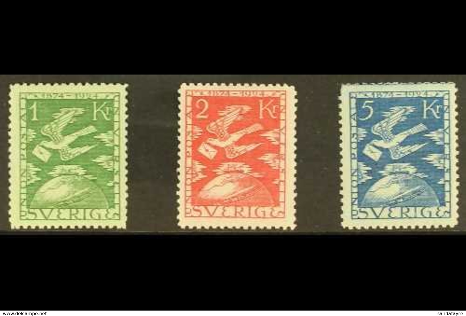 1924 UPU ANNIVERSARY TOP VALUES.  Carrier Pigeon 1k Green, 2k Rose Red & 5k Blue, Mi 171w/73w, SG 173/75, Facit 223/25,  - Sonstige & Ohne Zuordnung