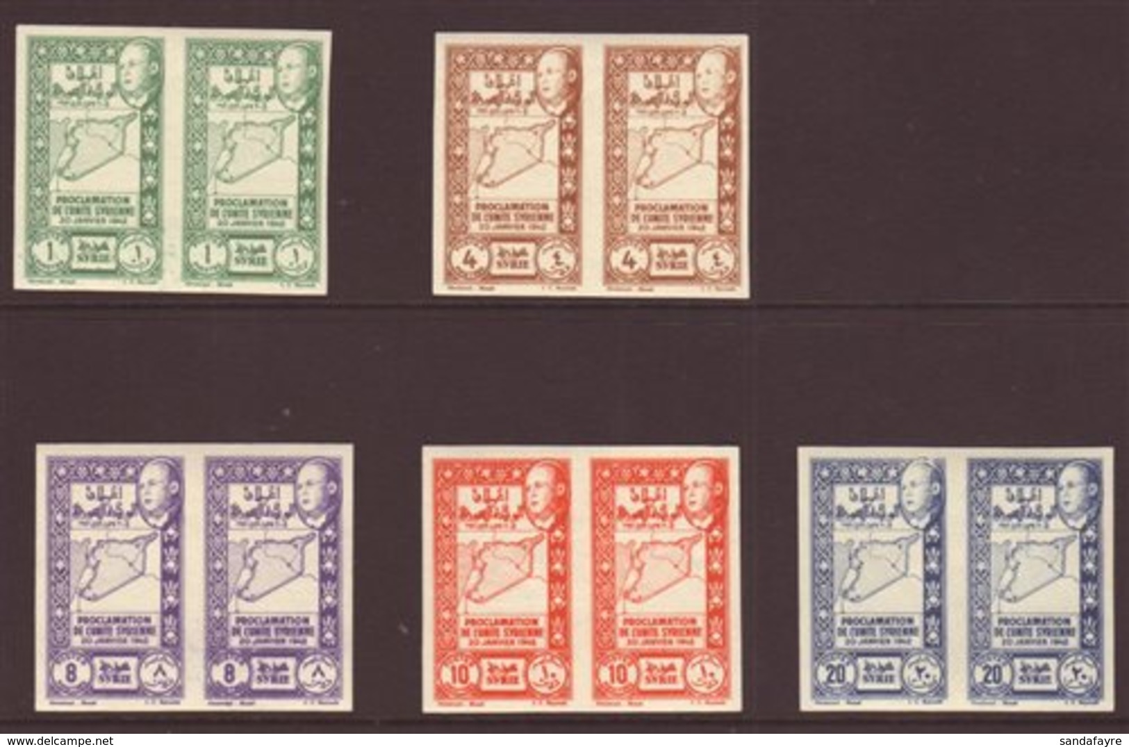 1943  Proclamation Of Unity Set, Variety "imperf", Maury 283/7, In Superb Horizontal Pairs. (10 Stamps) For More Images, - Syria