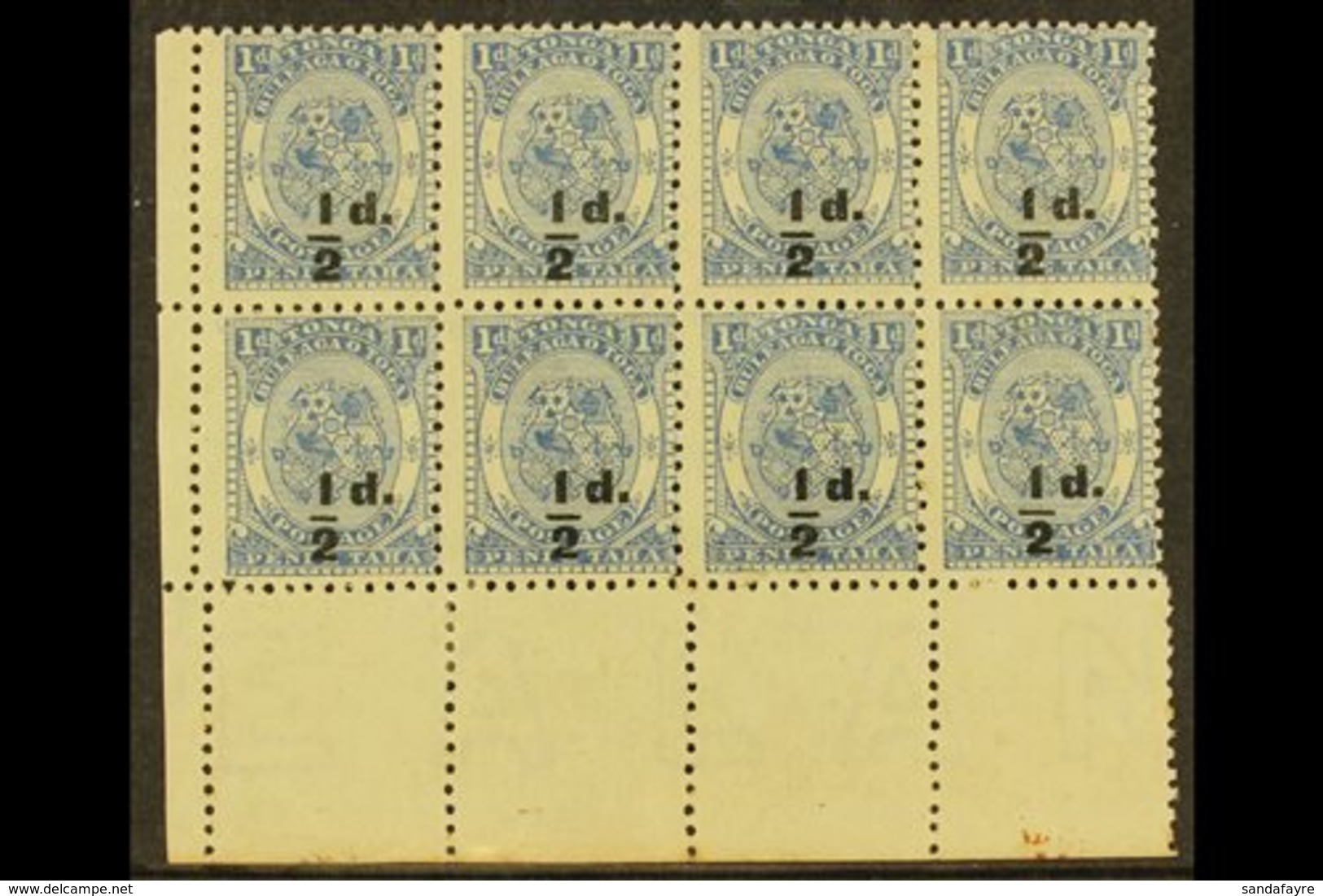 1893  ½d On 1d Dull Blue Surcharge In Black, SG 19, Fine Unused No Gum Lower Left Corner BLOCK Of 8, Fresh & Attractive. - Tonga (...-1970)