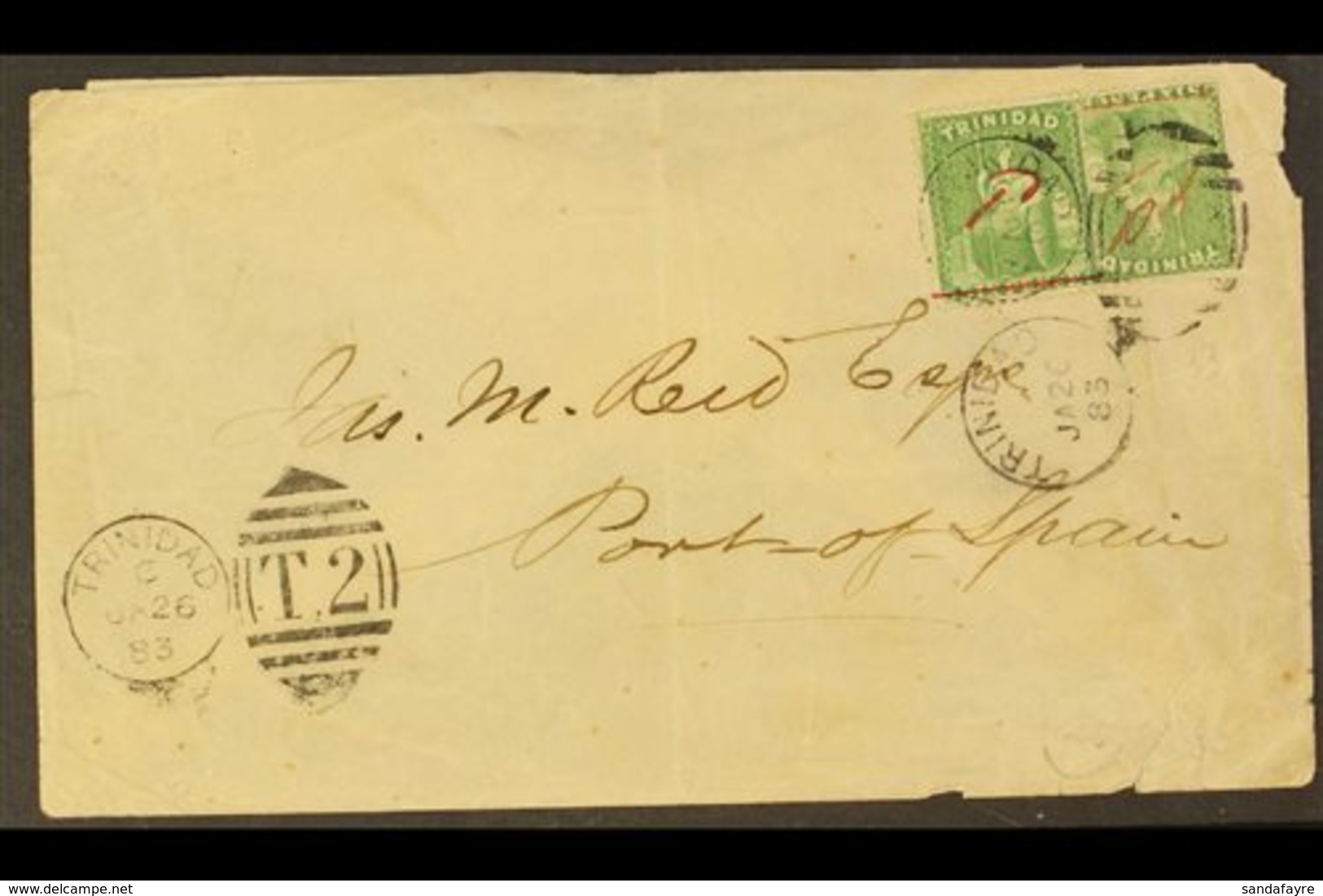 1883  (26 Jan) Cover Addressed Locally, Bearing Two Different 1882 1d On 6d Manuscript Surcharges, SG 104, One Stamp Pla - Trinidad & Tobago (...-1961)