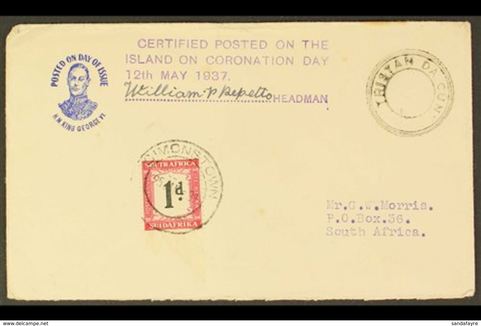 1937 CORONATION COVER  An Illustrated Cover To South Africa With Violet Cachet "CERTIFIED POSTED ON THE  / ISLAND ON COR - Tristan Da Cunha