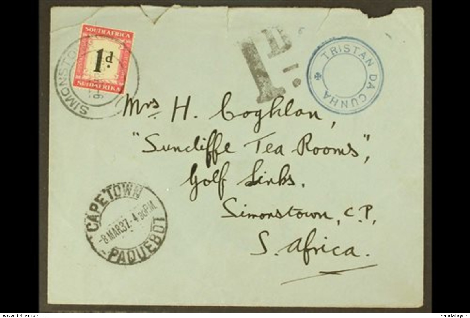 1937  Stampless Envelope From Tristan To South Africa, Franked With 28mm SG C6, Cachet V In Violet, Cover With "Cape Tow - Tristan Da Cunha