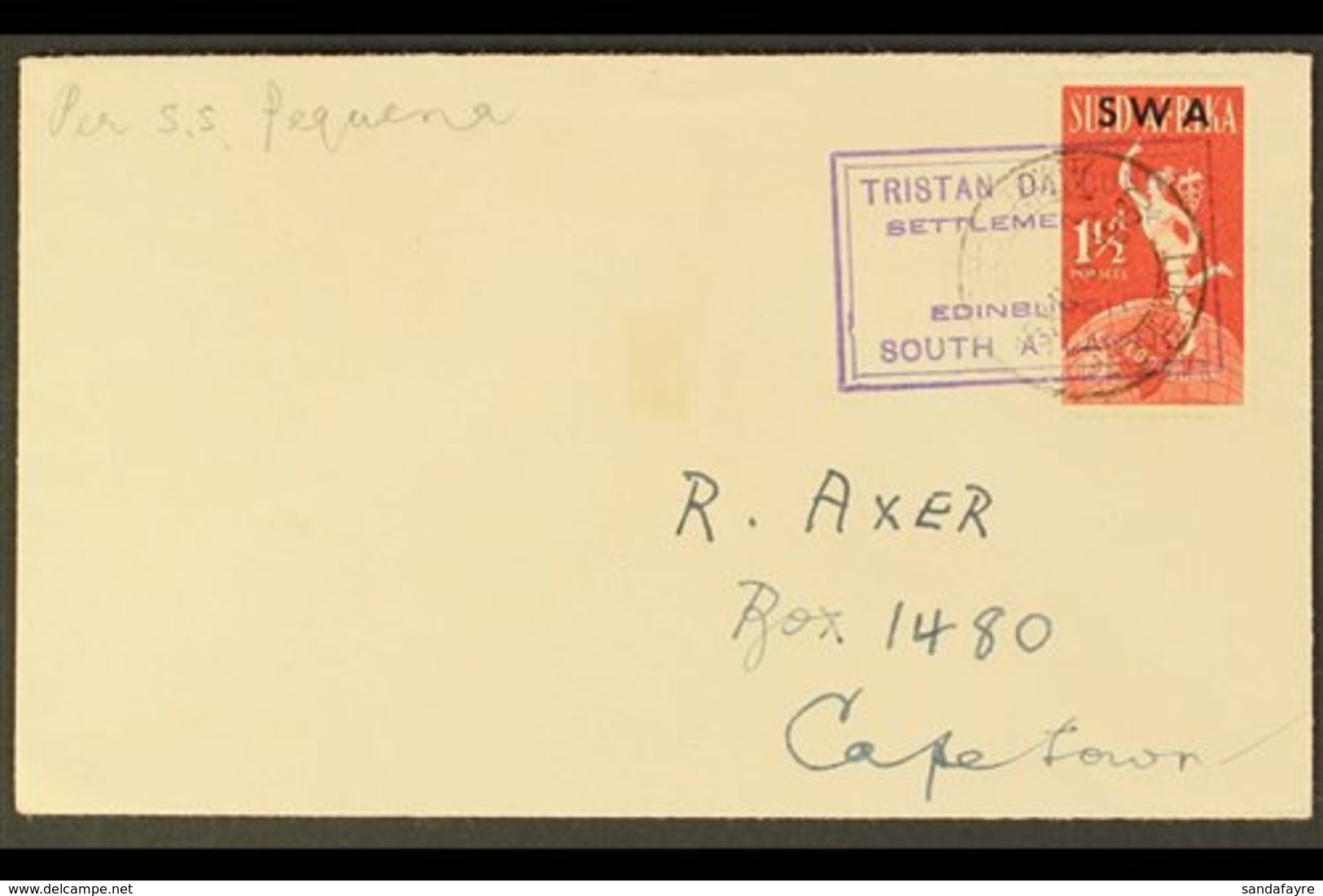 1949  (15 DEC) Hand Addressed Cover To Cape Town Bearing SWA 1½d Tied By "TRISTAN DA CUNHA / SETTLEMENT OF / EDINBURGH / - Tristan Da Cunha