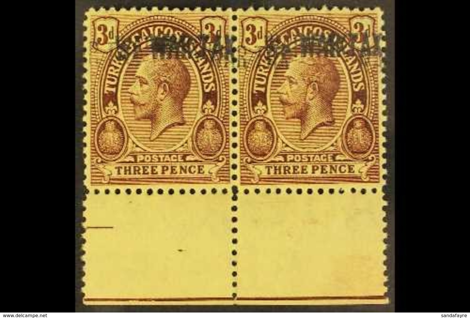 1917  3d Purple / Yellow With "WAR TAX" DOUBLE, SG 144a, Never Hinged Mint PAIR With Sheet Margin At Base. For More Imag - Turks & Caicos