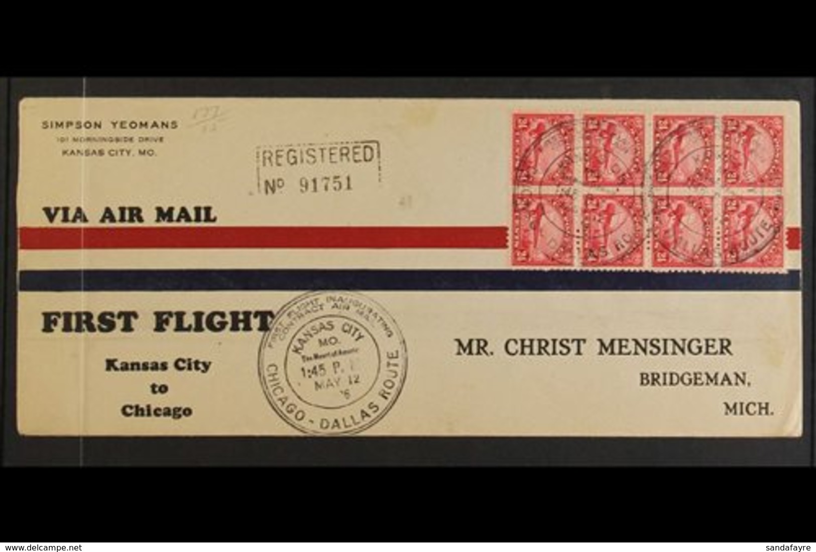 1926  (12 May) Kansas City To Chicago First Flight Registered Cover Bearing 1923 24c Carmine Air Stamps BLOCK Of 8 (Scot - Sonstige & Ohne Zuordnung