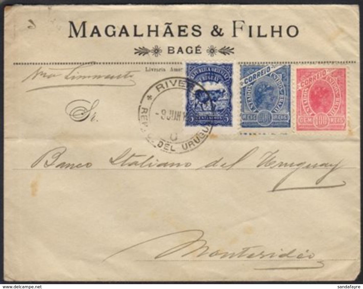 1906  Envelope To Montevideo Via Livramento, Bearing Brazil 100r & 200r Uncanceled, At Rivera A 5c Uruguay Stamp Applied - Uruguay