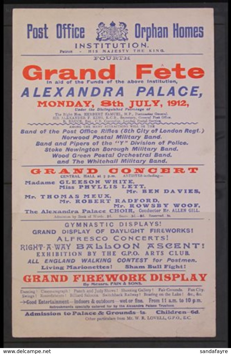 1912 NOTICE  Printed Notice For The "Post Office Orphan Homes / Grand Fete" To Be Held At Alexandra Palace On Monday, 8t - Sonstige & Ohne Zuordnung