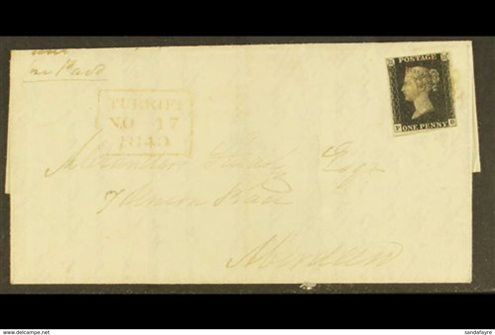 1840  (17 Nov) EL From Turriff To Aberdeen Bearing 1d Intense Black 'PD', Plate 2 (SG 1) With 4 Small To Very Large Marg - Ohne Zuordnung