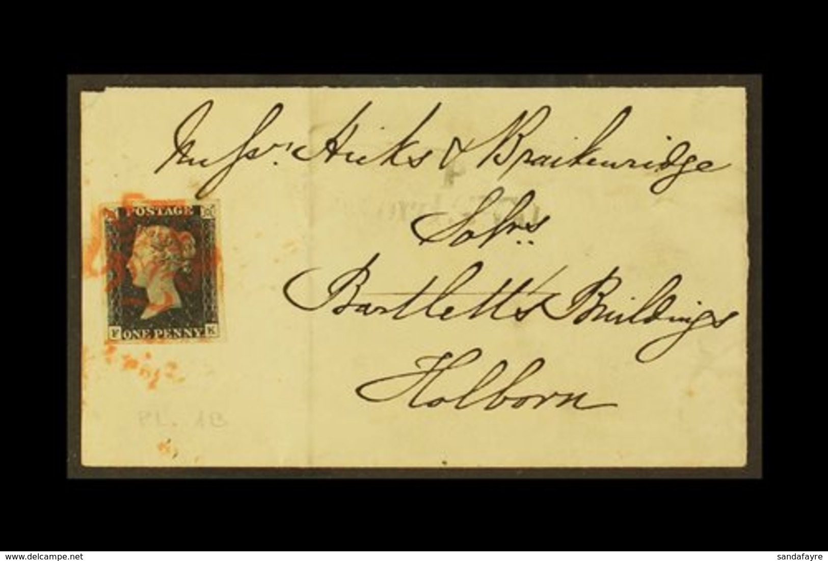 1840  1d Intense- Black 'FK' Plate 1b (SG 1) With 4 Large Neat Margins Tied By Bright Red MC Cancellation To An 1840 (19 - Unclassified