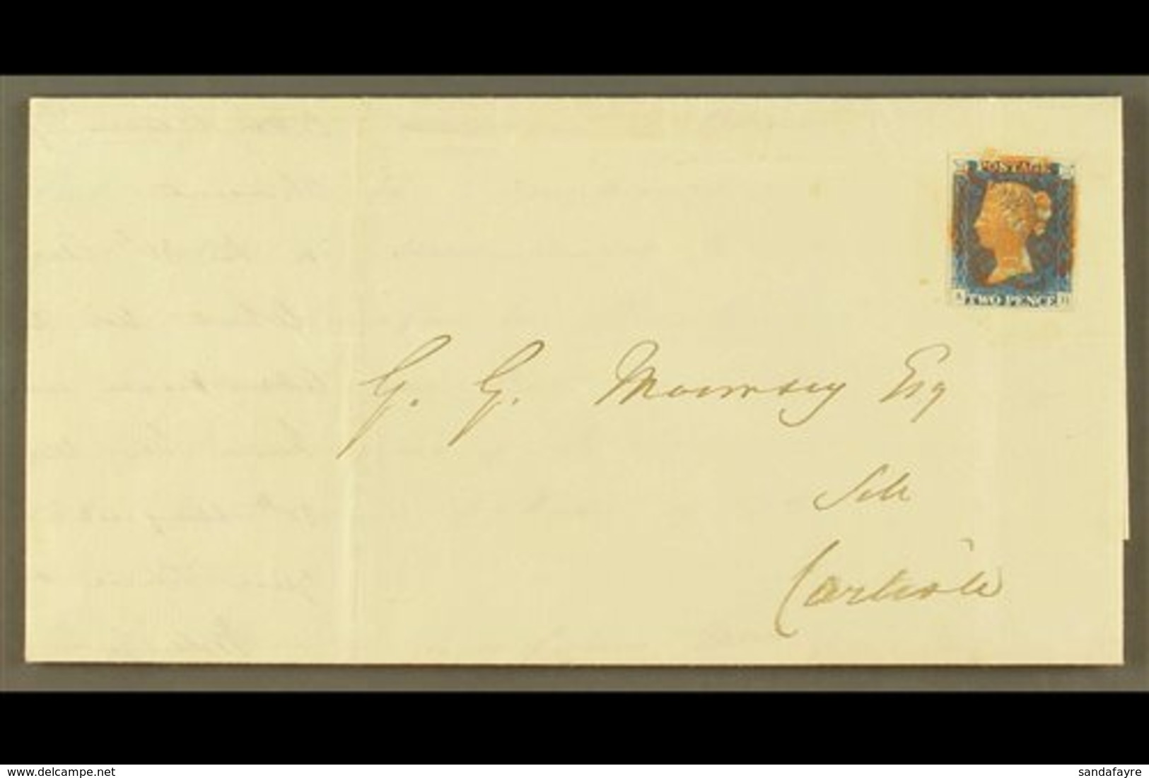 1840  2d Blue 'AH' Plate 1 (SG 5) With 4 Margins Tied Full Upright Light Slightly Indistinct Red MC Cancellation To An 1 - Sonstige & Ohne Zuordnung