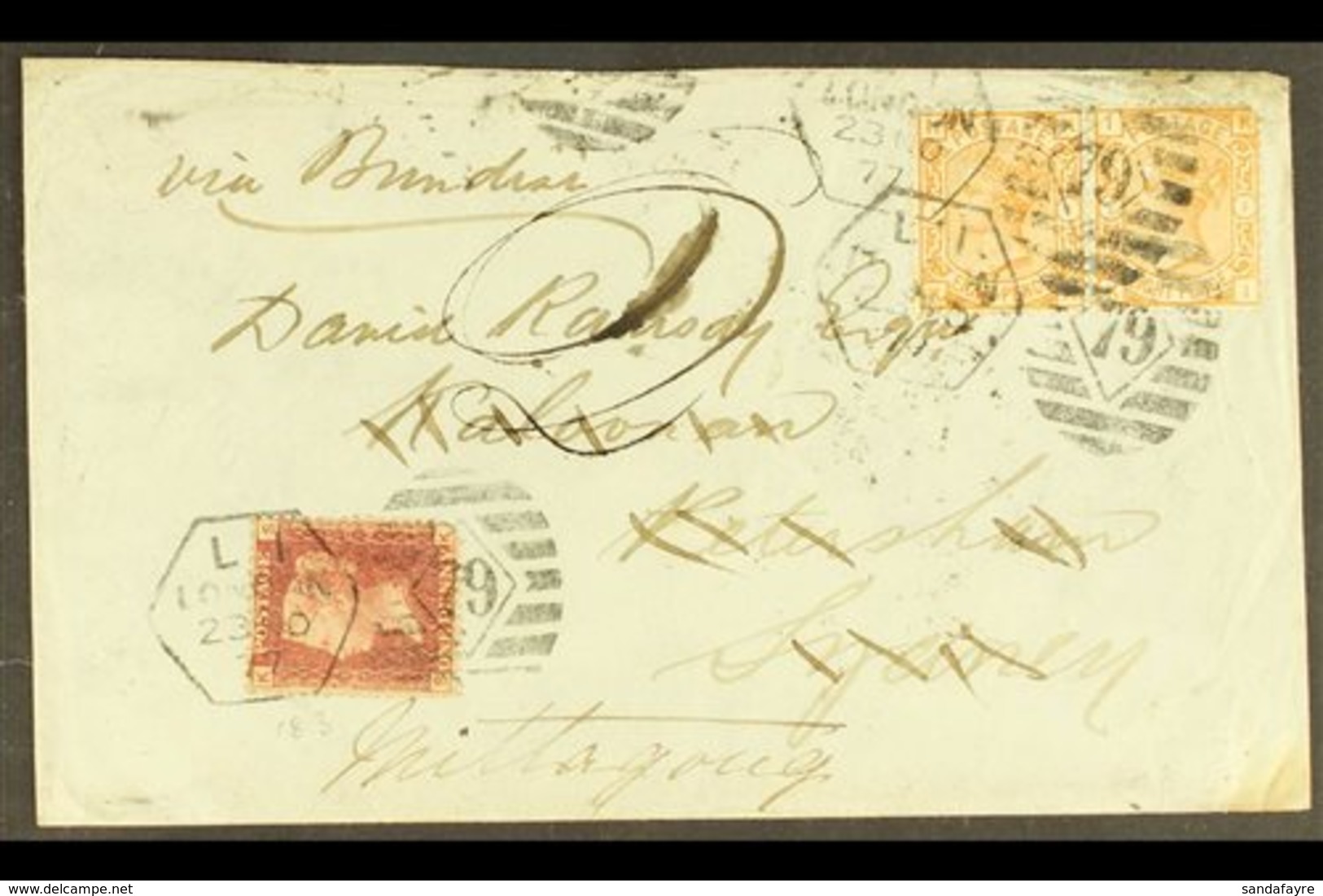 1873-80  8d Orange PAIR, SG 156, Used On 1877 Cover To Australia With Additional 1d Red Franking Making 1s5d Rate, Londo - Other & Unclassified