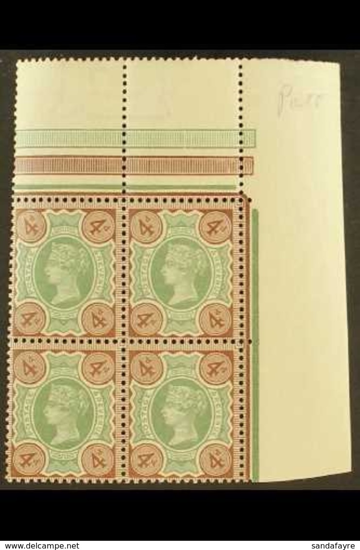 1887-92  4d Green & Purple-brown "Jubilee" Issue In A Corner Marginal BLOCK OF FOUR, SG 205, Never Hinged Mint. For More - Other & Unclassified