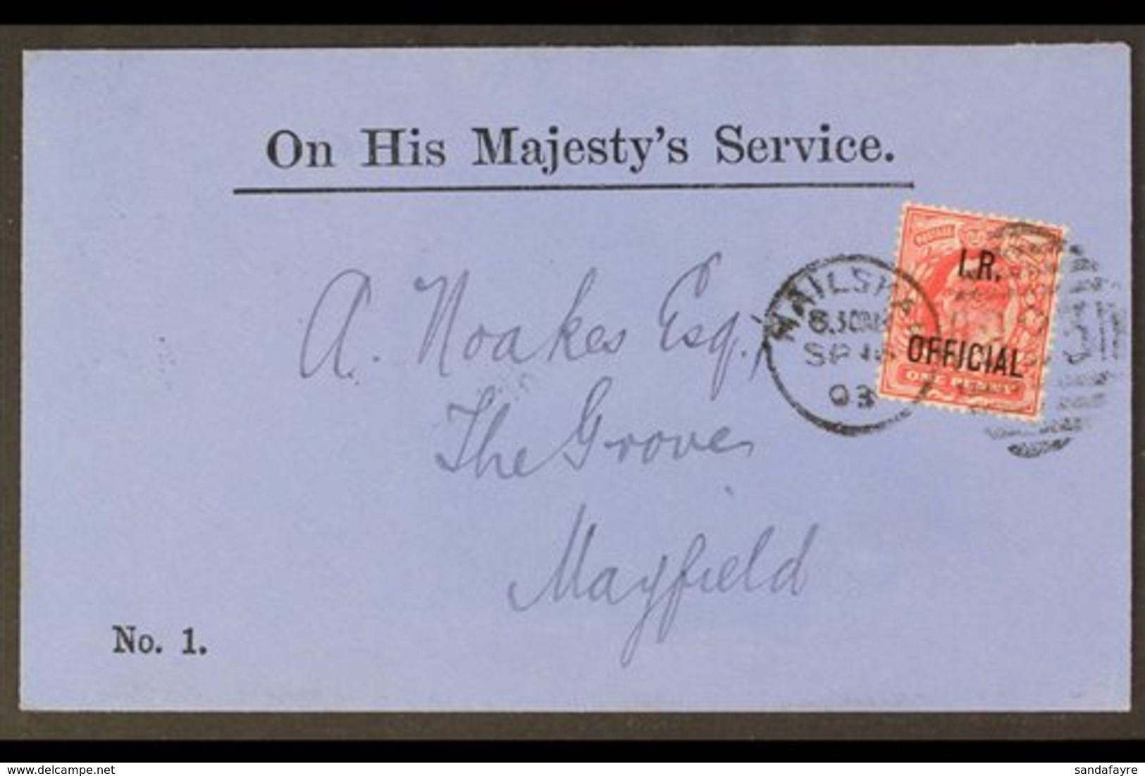 1903  (16 Sep) Official Printed OHMS No. 1. Envelope Addressed To Mayfield, Bearing 1902-04 1d "I.R. Official" Overprint - Ohne Zuordnung